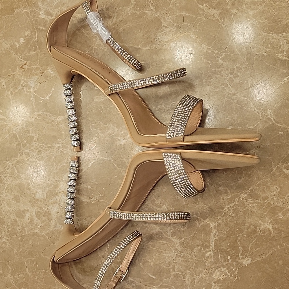 Azalea Wang Galaxy  Gold Rhinestone Strappy Heels, Sz 9